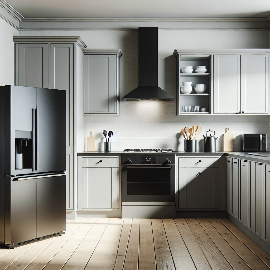 the appeal of light grey cabinets with black appliances