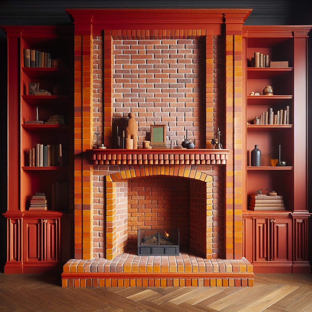 bold red brick fireplace with dark wood shelves