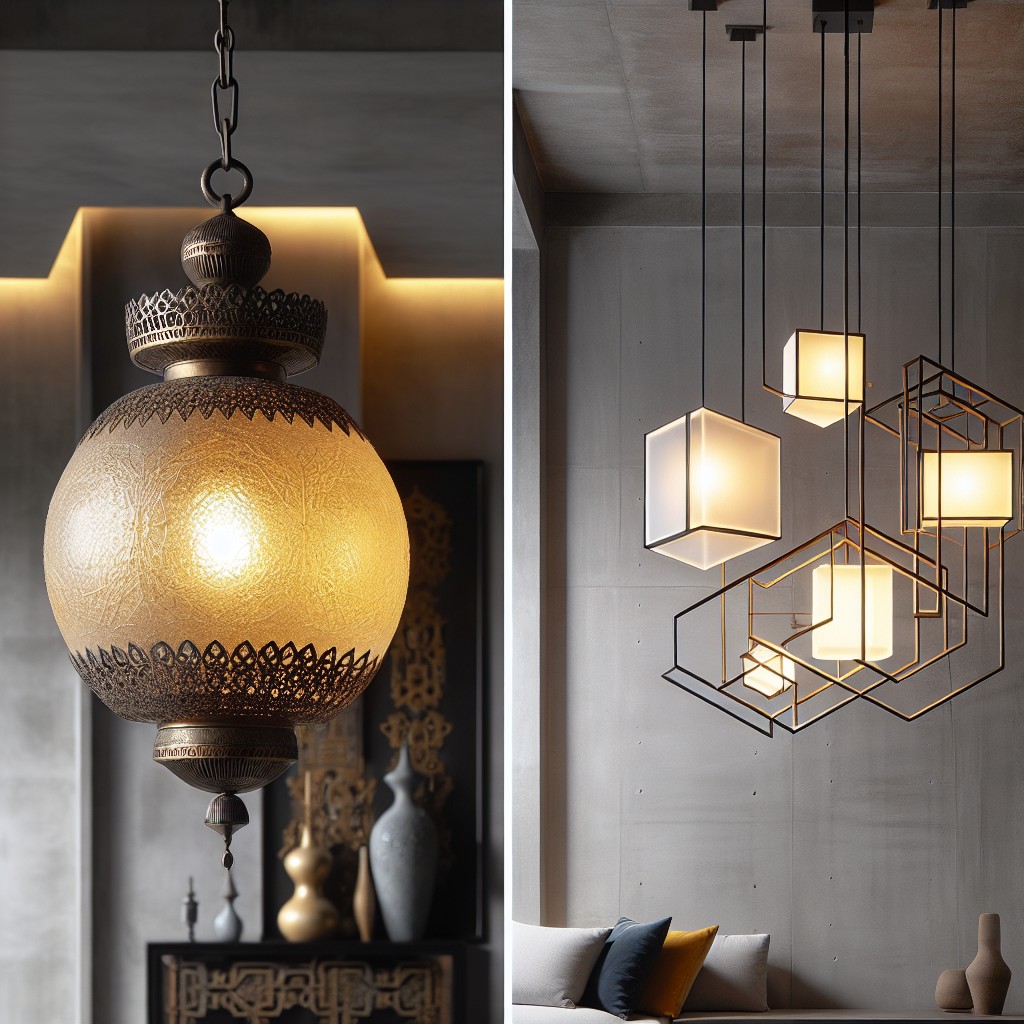 combining vintage pendant light with modern chandelier