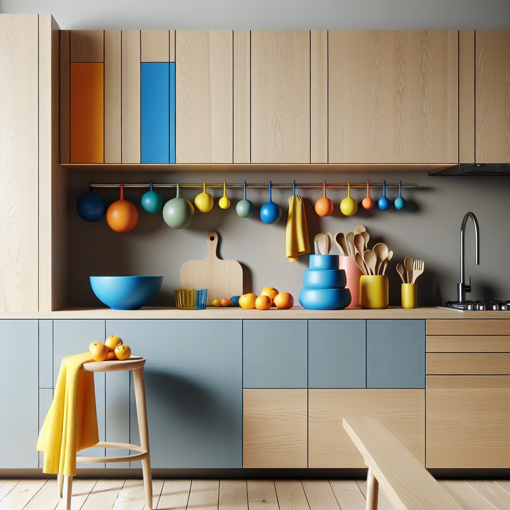 experiment with bold colour splashes among light oak cabinets