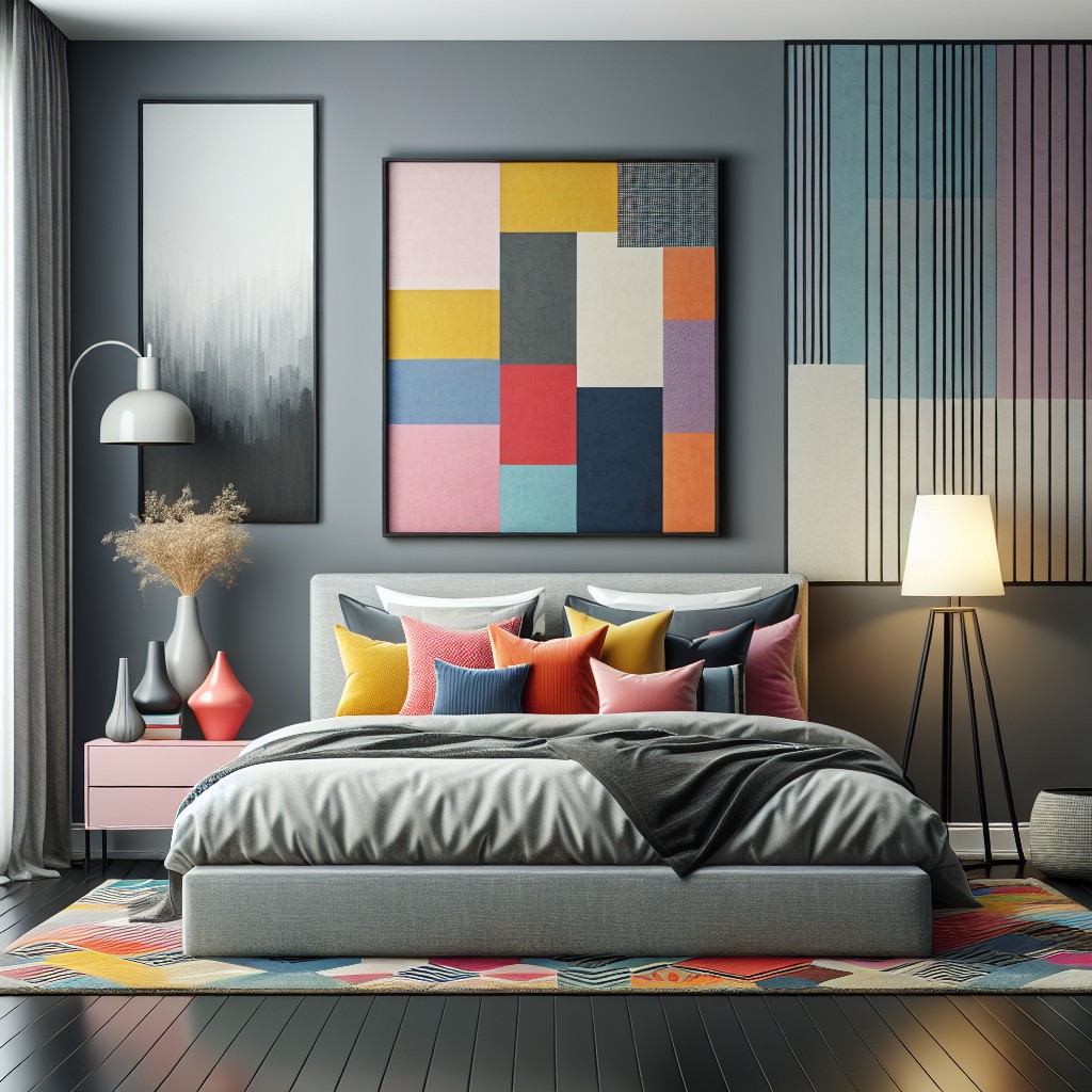 gray as a canvas accenting with bold hues in the bedroom