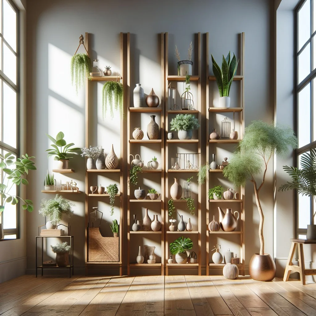 ladder style shelves in front of tall windows