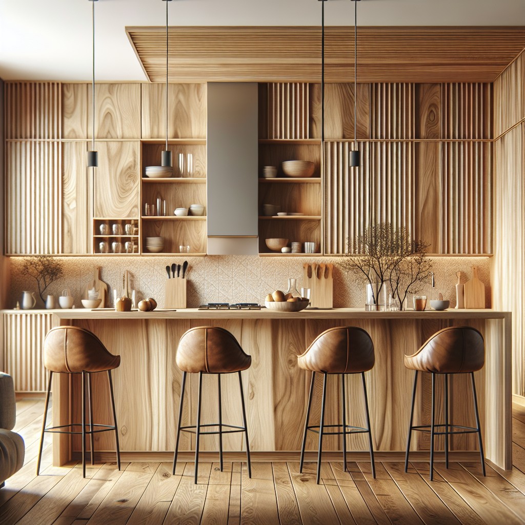 light oak cabinets with vegan leather bar stools