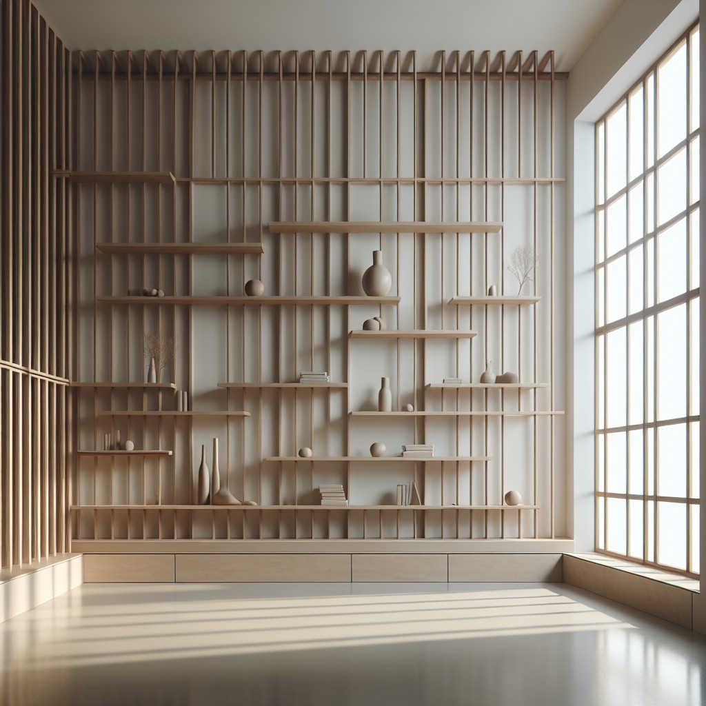 minimalist suspended wooden slat shelving