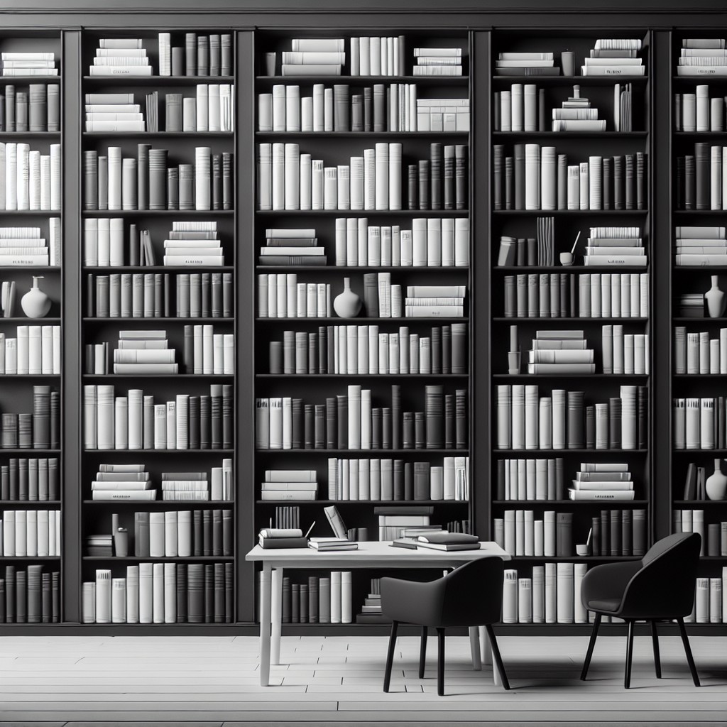 monochrome themed bookcase zoom background