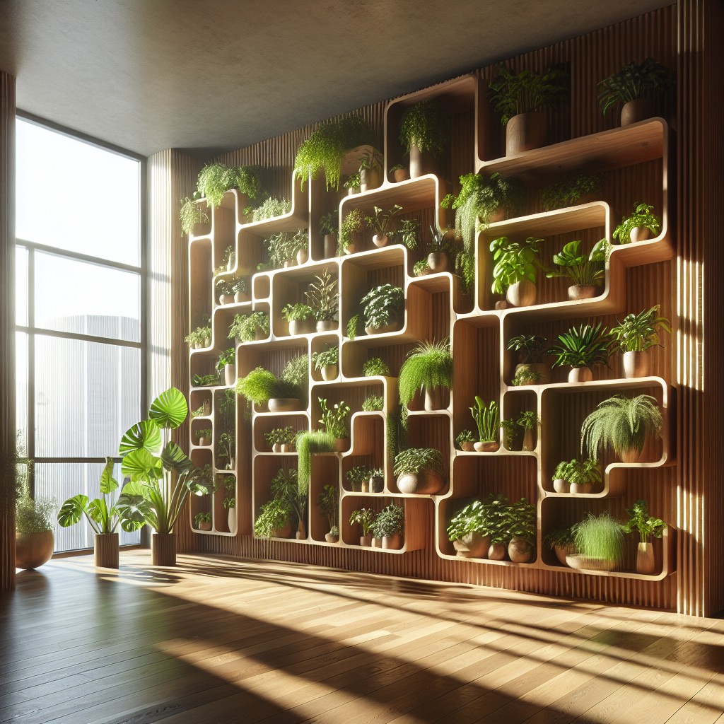 multi level shelves for plants in front of a wide window