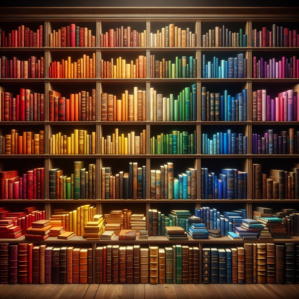 rainbow color coordinated bookshelf zoom background