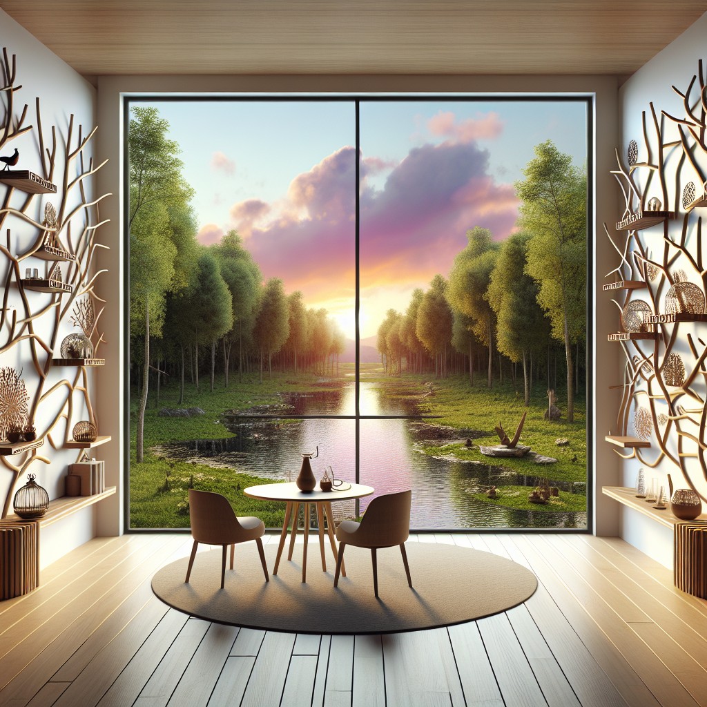 sculptural branch style shelves in front of a nature view window