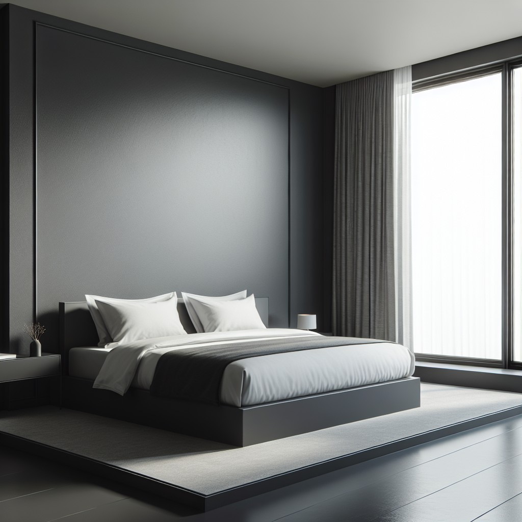 sleek minimalist bedroom with charcoal gray