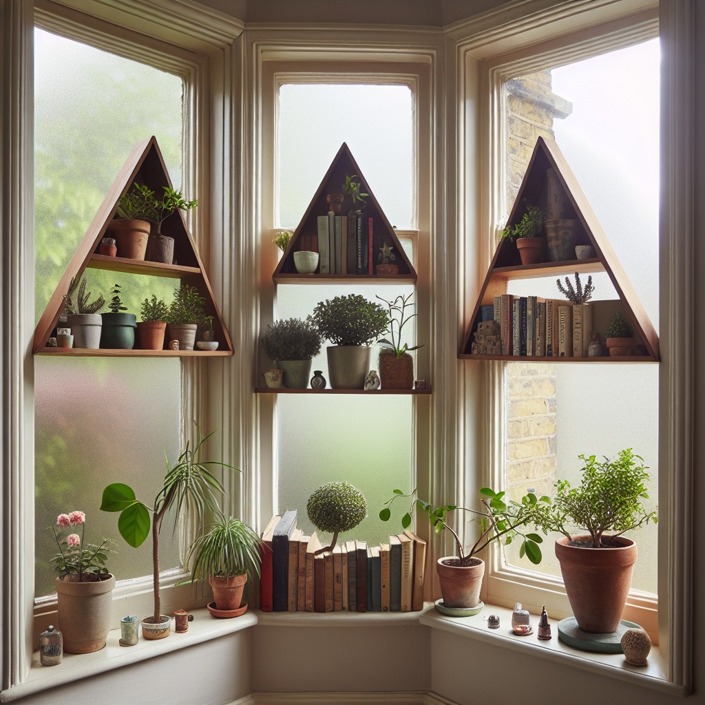 triangle corner shelves in front of the bay window