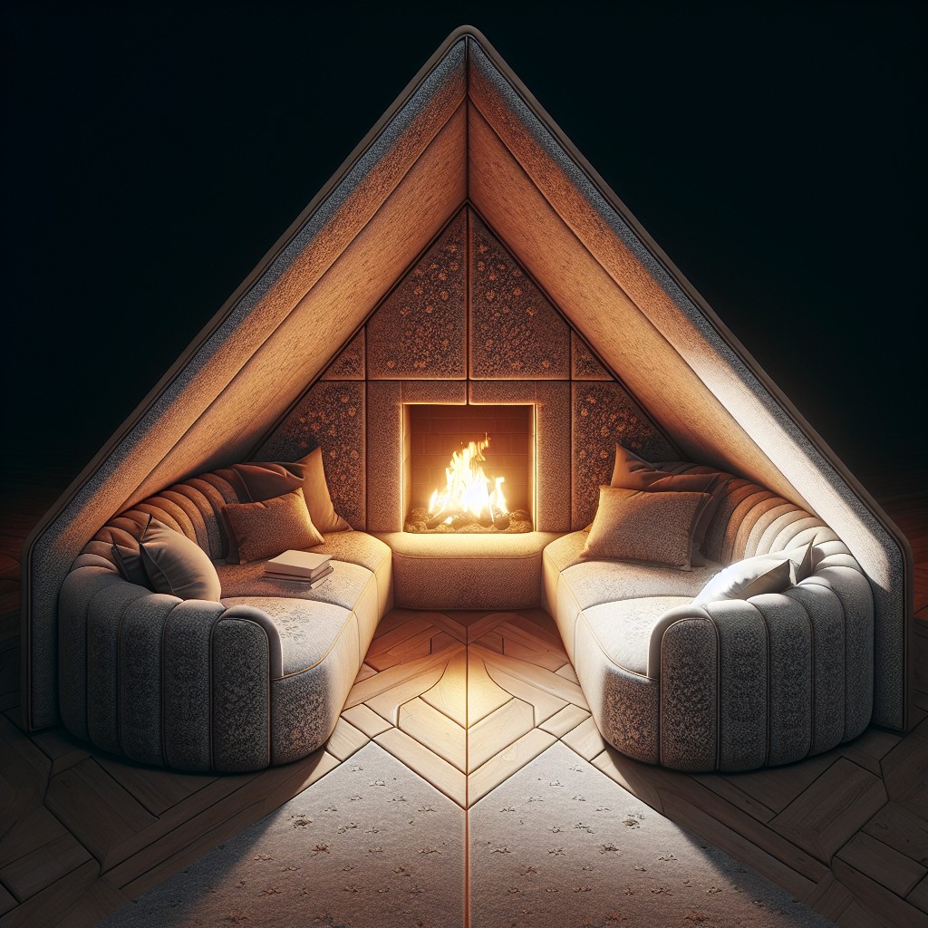 triangular layout back to back sofas and a fireplace