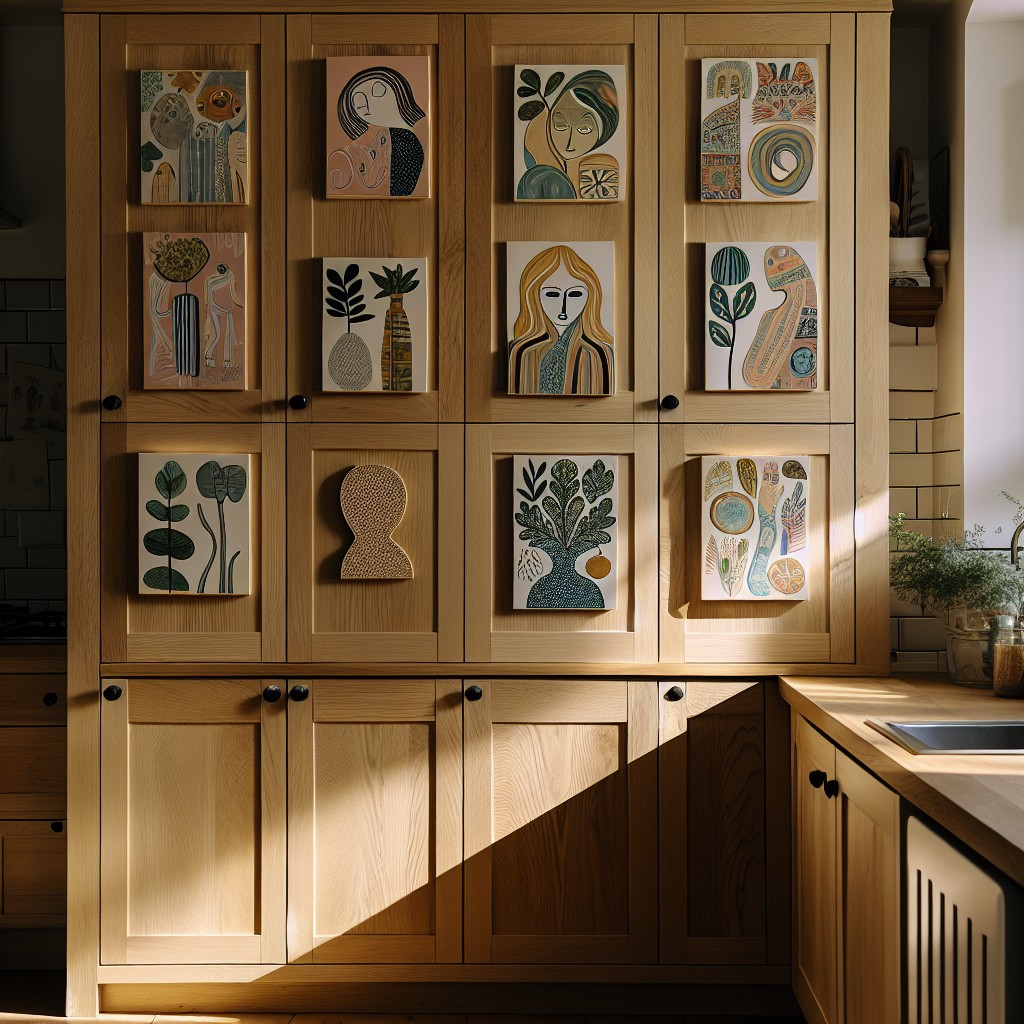 try light oak cabinets with statement art pieces