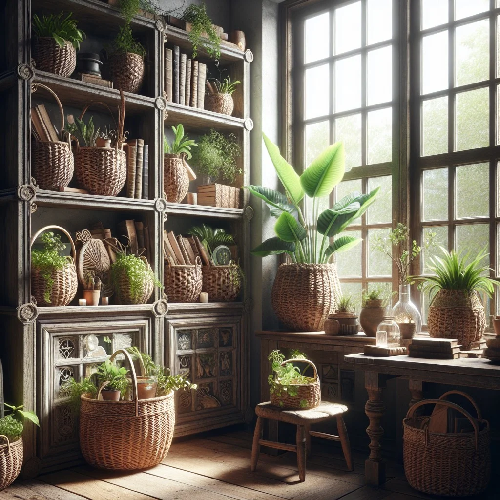 woven baskets attached to shelves for rustic charm