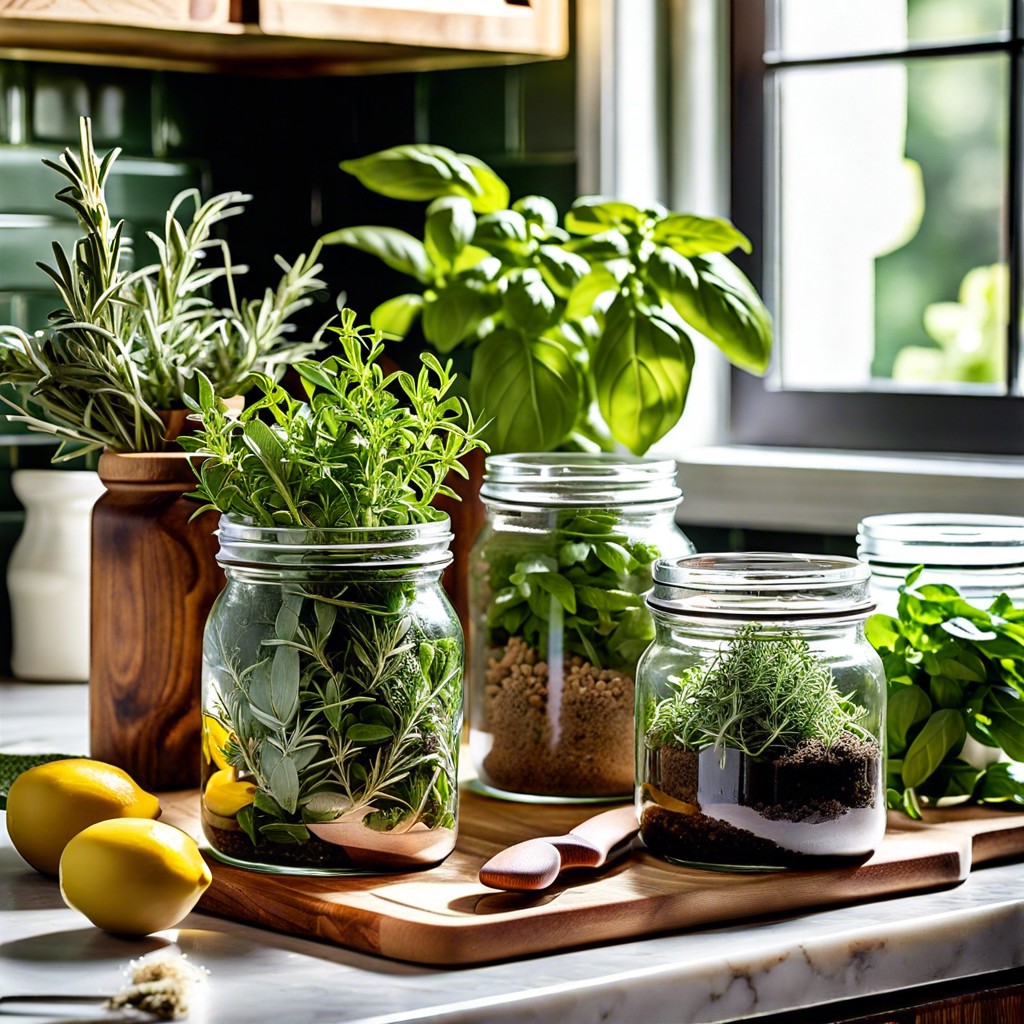 herb garden in glass jars