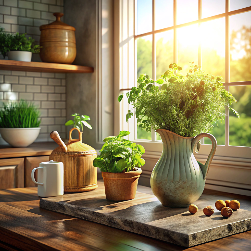 ceramic pitcher with fresh herbs