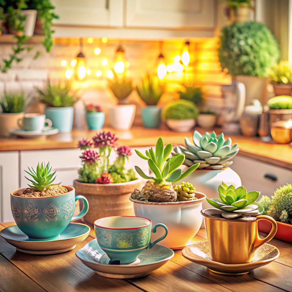 succulent garden in teacups
